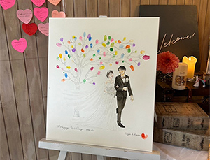 昨日、無事に結婚式挙げる事が出来ました！
ゲストの皆んなにもステキな結婚証明書と褒めてもらいました
日数もギリギリの注文に対応していただき、日数少ないのにも関わらず細かい要望まで忠実に再現していただき、
前撮りをしていない私たち夫婦にとって大切な一生の宝物が出来ました！
式当日のゲストの皆んなの反応が今からとても楽しみになりました！
nokamiさんにお願いして本当に良かったです！
今回はとても素晴らしい似顔絵本当にありがとうございました！