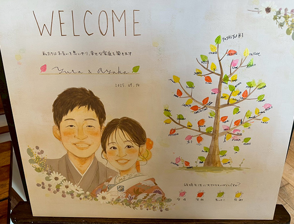 先日はまあこ様にて素敵な似顔絵証明証を作成していただきありがとうございました。
その結婚証明証を使用し、無事9/14に結婚式を挙げることができましたため、お礼をさせていただきたくご連絡させていただきました。
素敵な結婚証明証は列席してくださった方々にもとても好評で、本当にまあこ様にお願いしてよかったと夫婦共々感じております。
ありがとうございました！