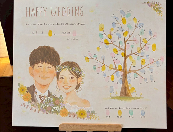 まあこさん、この度は素敵な絵を本当にありがとうございました。
無事に届き、拝見しましたが、主人ともども感動しております。
心温まるメッセージまで添えていただき、本当に嬉しいです。
当日までの準備で慌ただしくしていますが、絵を眺めながらほっと一息つく時間を大切にしたいと思います！
改めて、この度は素敵な絵をありがとうございました！