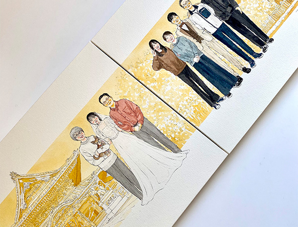 先日、似顔絵が到着しました。
自分たちが期待していた以上の仕上がりで、家族にプレゼントするのがさらに楽しみになりました。
こちらの細かい要望にも丁寧にご対応いただき、ありがとうございました。
すごく大切な作品になりました。