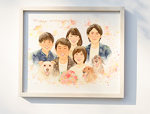 この度は素敵な作品を描いていただき、誠にありがとうございました。
先日、母の還暦祝いに渡したところ、母と父が共に涙して喜んでおりました。

今はそれぞれの場所で離れて暮らす兄弟、
そして実は、描いていただいた3匹中2匹はもう天国にいるのですが、
絵の中で満面の笑みで再会させていただき、「あの頃が懐かしい」としみじみしておりました。

犬を看取る時、この子は幸せだったのだろうかと、いつも思います。
天国にいってもう数年経ちますが、写真を見返すたび、そのような思いが家族全員にありました。
だからこそ、絵の中の犬たちが（しかもそっくりで…！）晴れやかに笑っていることに、
家族全員、救われる想いです。

素敵な作品を、本当にありがとうございました。