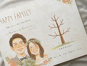 昨日３枚の似顔絵を無事受け取りいたしました。

どれも想像を超えるほどの素敵な似顔絵で、
夫婦2人で「わあ?」と歓喜しながら開封させていただきました。
式当日、両親、ゲストに見てもらうのが今から楽しみです。

また家族が増えたり、何かの記念日には是非とも
御社にお願いさせていただきたいです。
この度は、大変お世話になりありがとうございました。