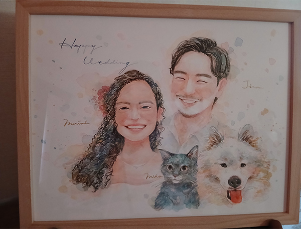 開封して見た瞬間、水彩画の優しくて可愛くて素敵過ぎる絵にとても感動しました！
本人達にはまだ会えませんが、絶対に喜んで貰える事は確実です！　
日本が大好きな甥なので、日本人ならではのharuさんの画風に感動すると思います。　
本当にありがとうございました。
これからも素敵な似顔絵を書き続けて下さい！