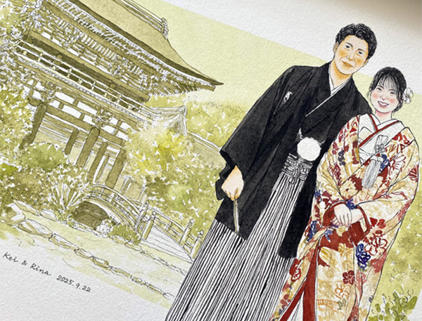 この度は、素敵な作品を描いていただきありがとうございました。
似顔絵を見た瞬間に笑みがこぼれてしまうほど、二人の特徴をよく捉えていただいたり、
背景や衣装などの細部もよく描いてくださり、私たちの期待を大きく上回るものを作成いただき、
大変満足しております。
ゲストの評判も良く、その点においてもnokamiさんにお願いをして良かったと思っています。

また、ご丁寧にお手紙もいただき、温かい気持ちになりました。
繰り返しになりますが、思い出に残る作品をどうもありがとうございました。