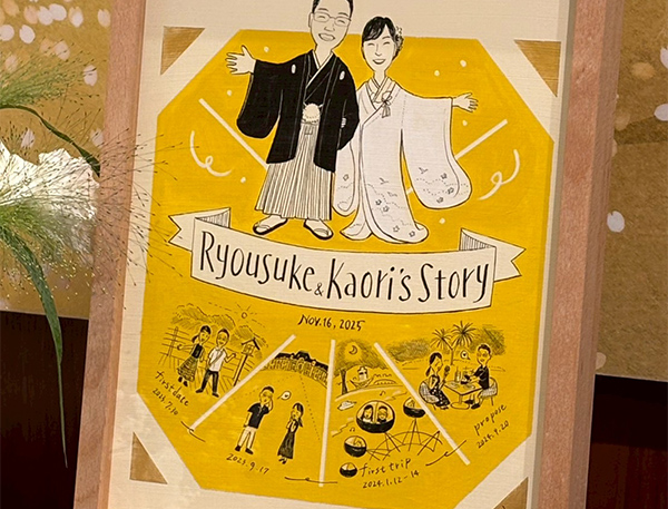 お世話になっております。
ストーリーボードをお願いしたAと申します。

素敵な作品をありがとうございました。
私たちの雰囲気をよく表して頂いて、大変気に入りました。
結婚式の受付に置かせて頂きましたが、ゲストの方々にもとても楽しんで頂けました。
今はリビングに飾っています。

多くの方に、ancoさんの作品を知って頂きたいと思いましたので掲載して頂いてかまいません。
ご丁寧なお手紙をありがとうございました。