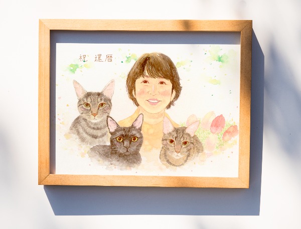 描いていただ絵を妻の還暦祝いにプレゼントしました
大好きな猫に囲まれた絵をとても気に入ってくれたようです

このたびは、はち様に大変お世話になりました
とてもいい記念品になりました