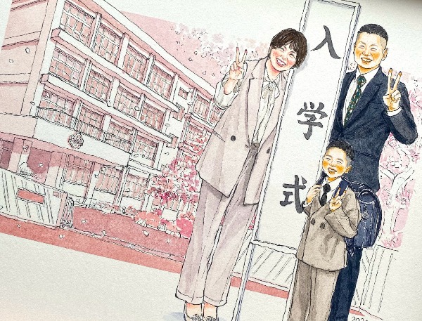 昨日、無事に作品受け取りました～！
やはりお願いしていて良かったと思う出来栄えで感激しました。
家族そろってピース、背景の校舎、桜などなど。。最高です！
作家nokamiさんのアイデアにはいつも感心します。
私個人としましては、実物よりスマートに描いてもらってありがたいです(^.^)写真では、こうはいきませんから。笑
これからも息子の成長とともに作品が増やしていければと思います。

今回はありがとうございました。今後もWORLD1皆さま方のご多幸とご活躍をお祈りいたします。