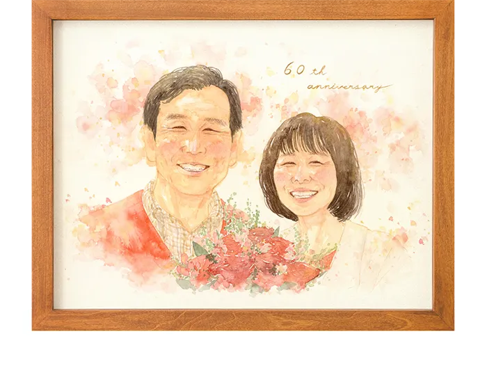 【還暦祝いに贈る】世界で1枚のオーダー似顔絵★感謝の気持ち★笑顔になる贈り物 60歳の還暦祝いに贈る、世界でたった一つのオリジナル似顔絵。暖色を